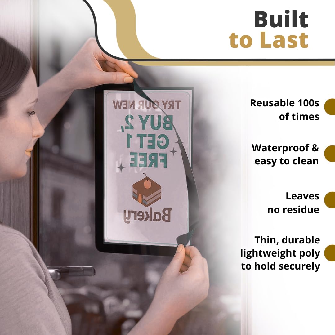 Fodeez Letter-Size 8.5 x 11 Adhesive Interior for Exterior Viewing Frames - Reusable Sticker Holder Display for Windows & Doors, Paper Holder, Dry Erase, Non Acylic & Non Magnetic - Black, Pack of 5
