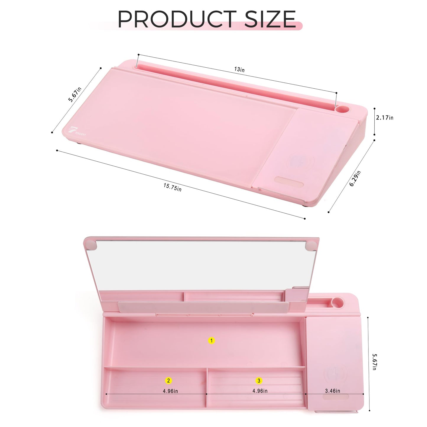 TOWON Desktop Glass Whiteboard with Charger Pad, Small Desk Whiteboard - Glass Dry Erase White Board- Desk Computer Buddy with Storage, Mirror and Charging Station, Pink, 17 x 6 in