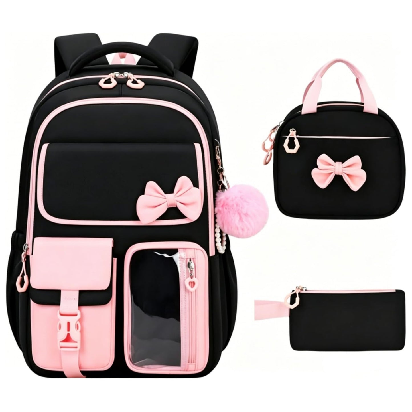 kistou Backpack for Girls Kids Backpack for School with Lunch Bag Pencil Case Kawaii Bow Kids Bookbag for Teen Elementary Middle School
