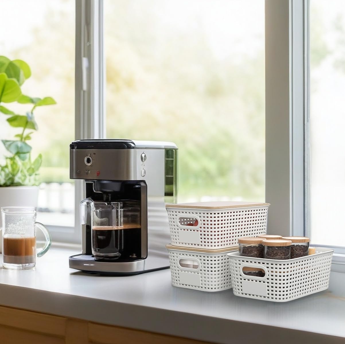 6Pcs Storage Bins with Lids, Stackable Plastic Storage Basket with Bamboo Lid, Pantry Organizer Box Small Containers for Organizing Shelves Drawer Desktop Closet Cabinet Office Classroom 10x7.1x4.1in