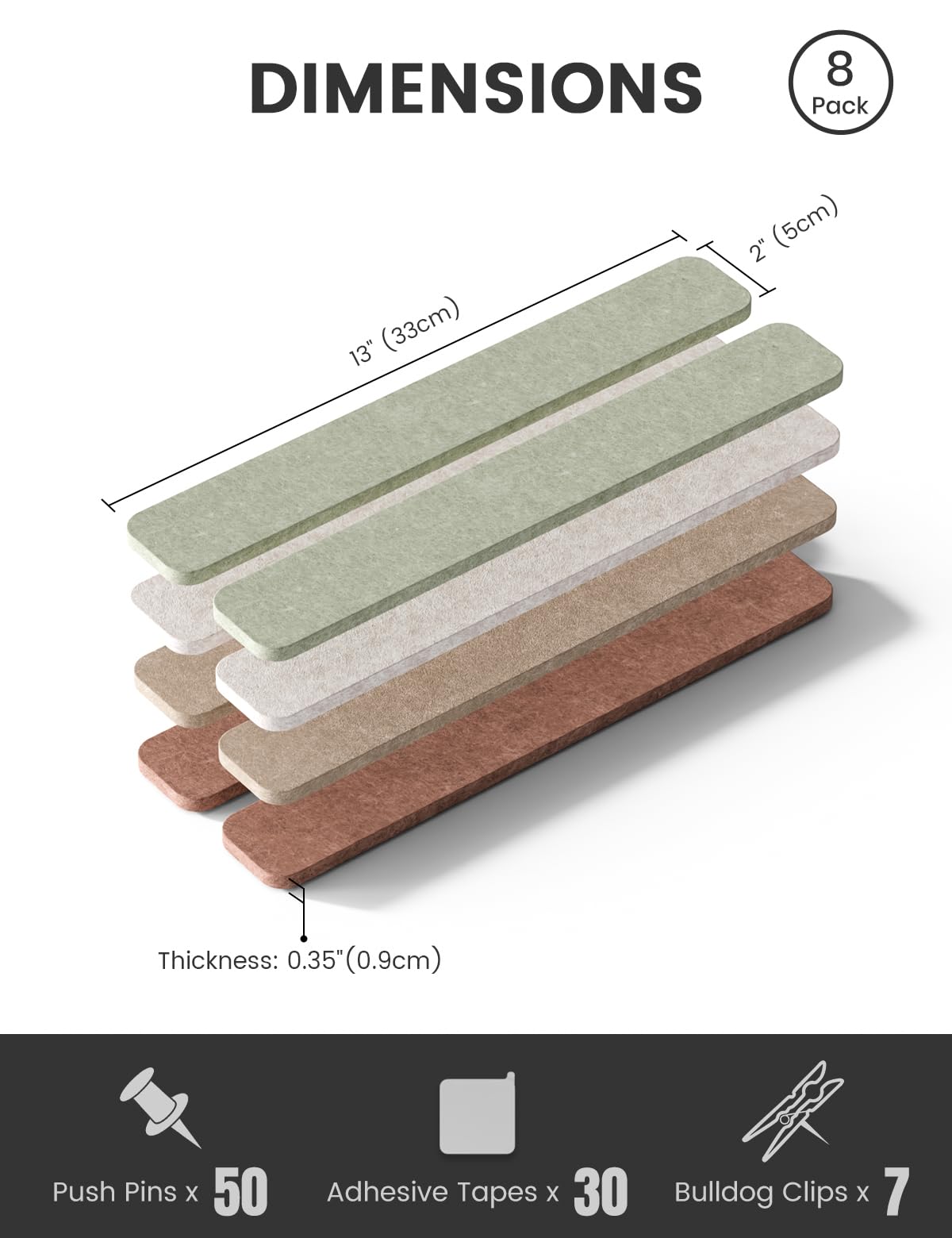 Fluxynara Cork Board Alternative Felt Strip Board 8-Pack 13"x2", Office Pin Board with 50 Push Pins, Adhesive Install for Bedroom Door & Home Office (Boho)