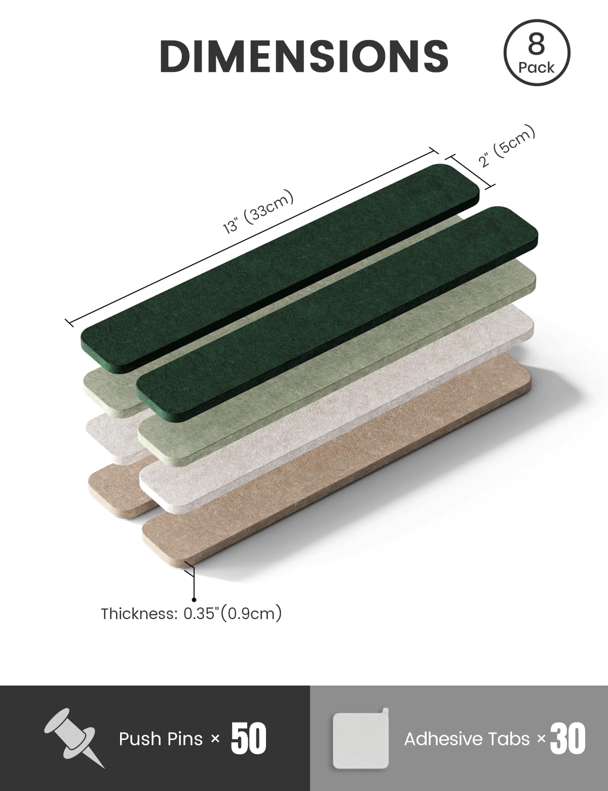 Fluxynara Cork Board Alternative Felt Strip Board 8-Pack 13"x2", Office Pin Board with 50 Push Pins, Adhesive Install for Bedroom Door & Home Office (Nordic Moss)
