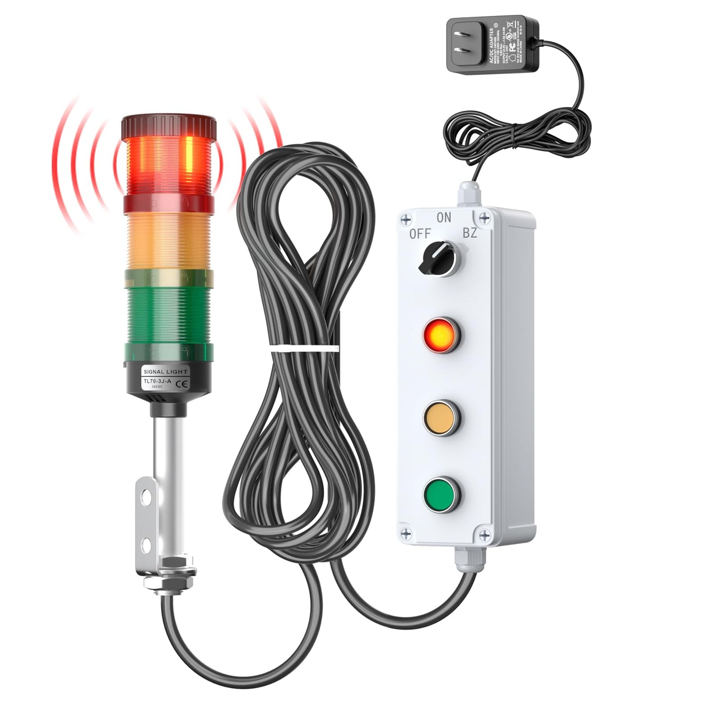 3 Stack Super Bright LED Andon Tower Light with Buzzer, 24VDC Red/Yellow/Green Signal Light, Off-ON, 32.8ft Extension Cord, 9.8ft Power Adapter, Plug Play Ready, for Factory Automation & Safety Alarms