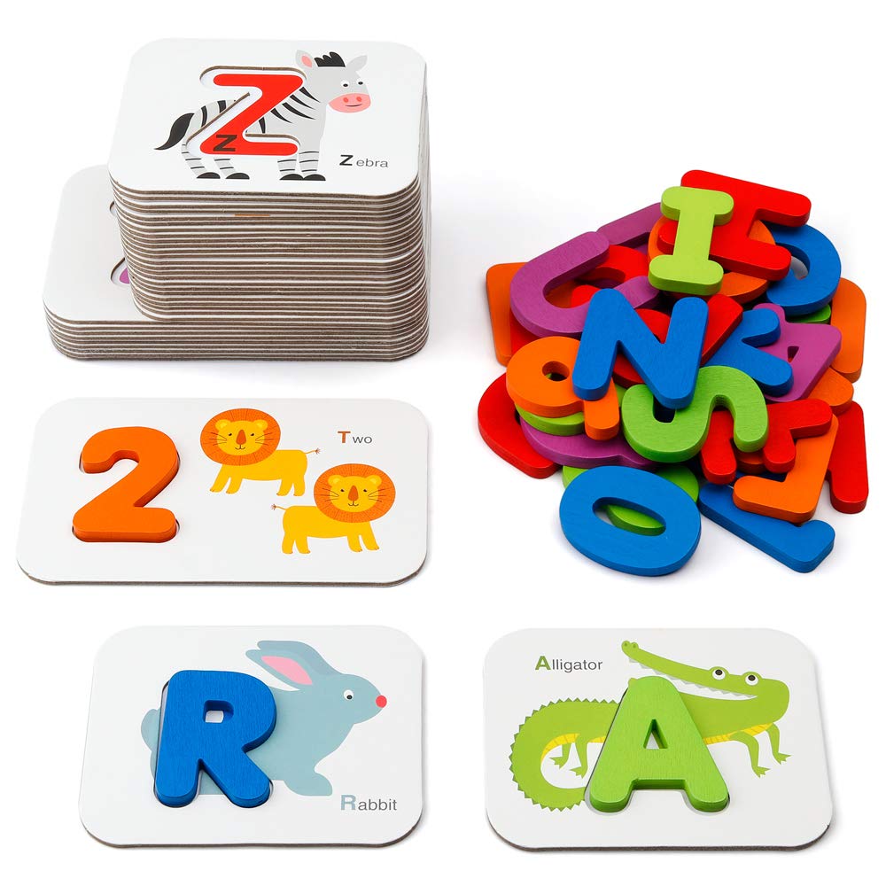 Coogam Numbers and Alphabets Flash Cards Set - ABC Wooden Letters and Numbers Animal Pattern Board Matching Puzzle Game Montessori Educational Learning Toys Gift for Preschool Kids Age 3 4 5 Years