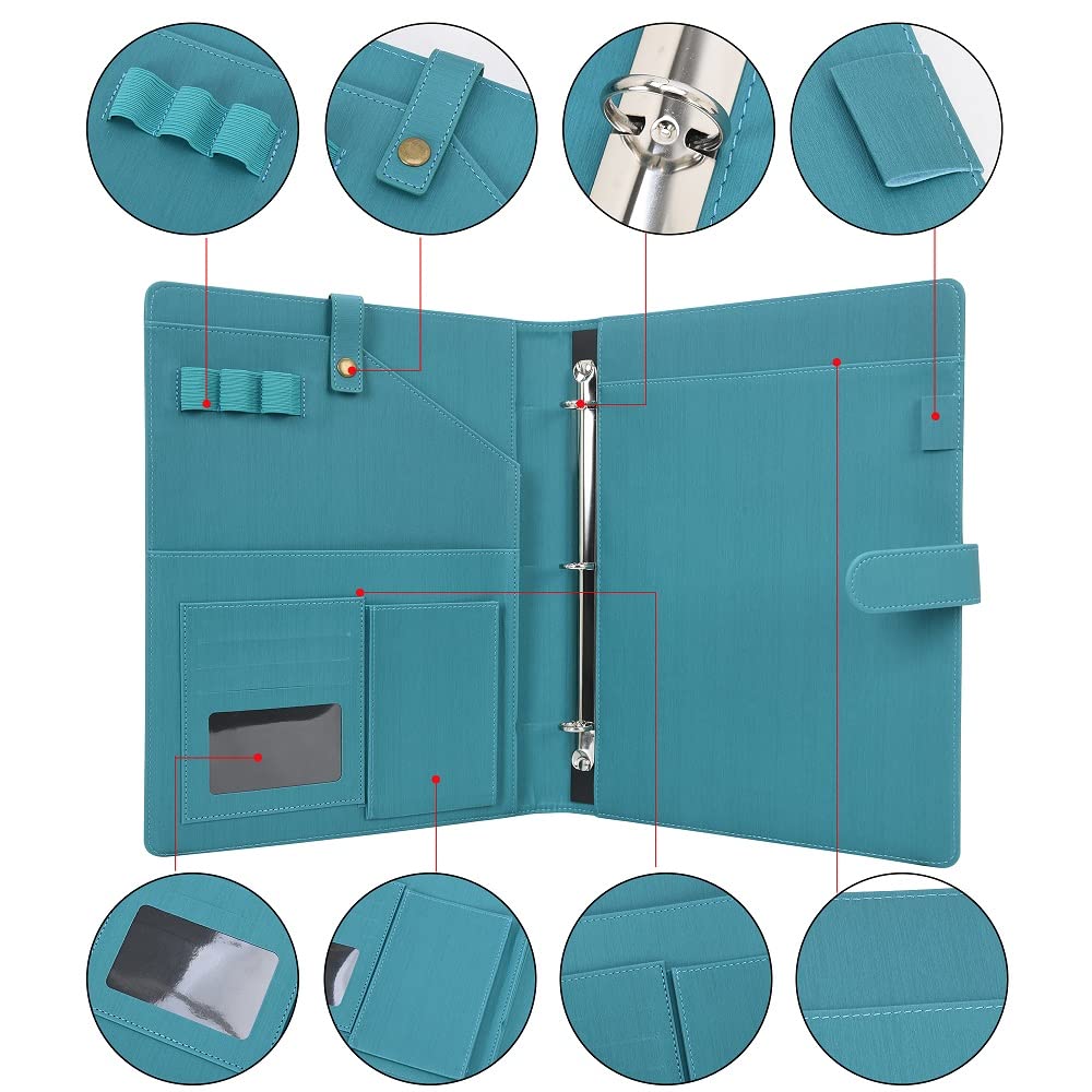 Wonderpool A4 PU Leather Portfolio Holder Ring File Document Case with Removable Binder Clipboard, Multi Pocket and Legal Pad for Business Organizer Interview and Meeting (Cyan)