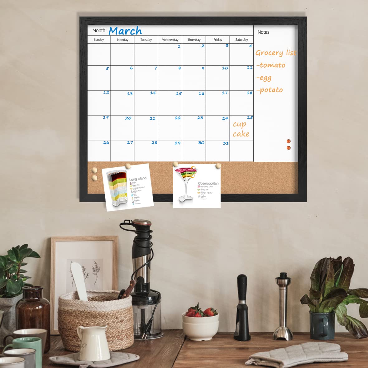 Dry Erase Calendar Whiteboard for Wall, 17.7" x 21.6" Combination Magnetic Dry Erase White Board & Bulletin Board, Black Frame Calendar/Cork Combo Board (BK-4555-B)