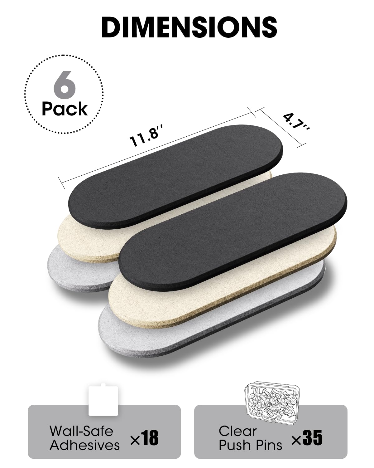 Cork Board Alternative, Felt Bulletin Board for Walls, 6-Pack 11.8"x4.7" Pin Board Wall Organizer with 35 Push Pins, Adhesive Install Wall Decor for Office, Classroom, Home, Desk Accessories