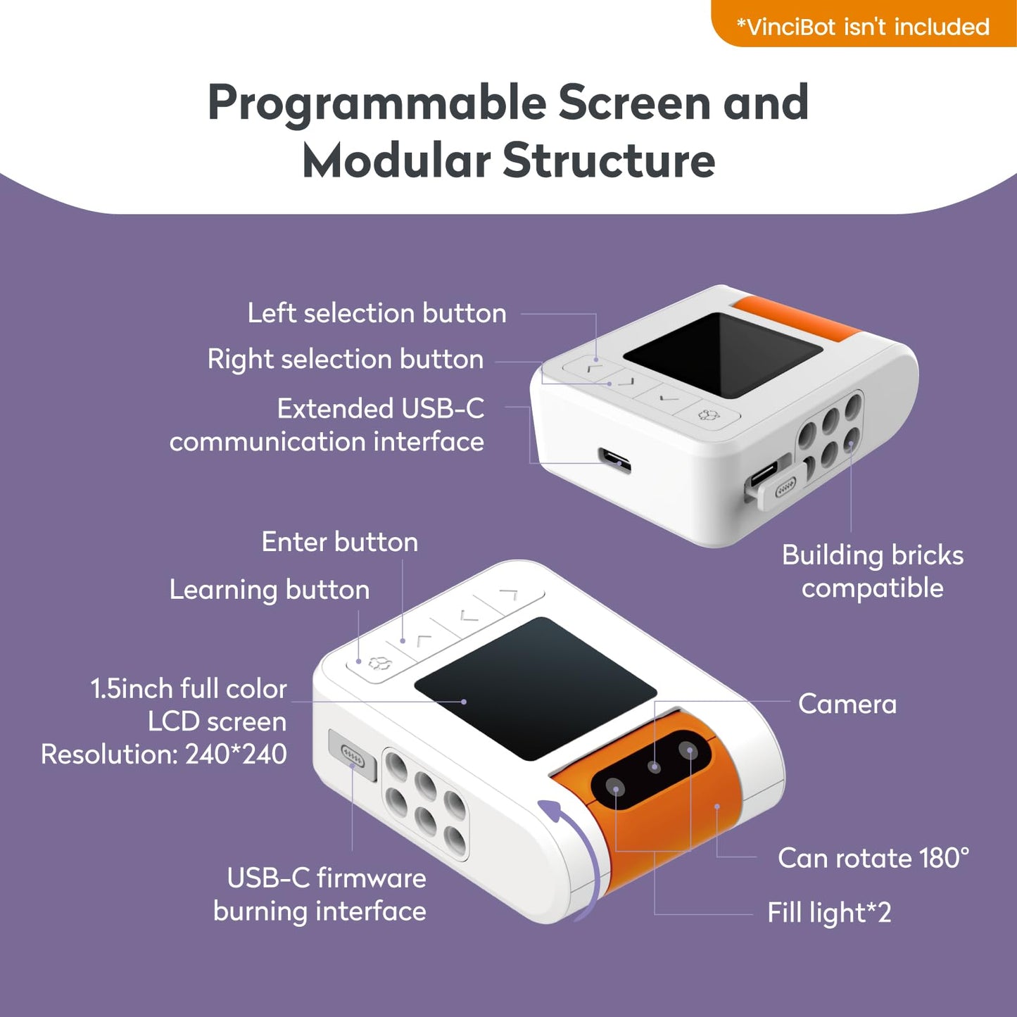 MatataStudio AI Vision Kit for VinciBot with a 180° Flip Camera, Programmable Screen and Modular Structure Can Add 7 Visual Functions, for Beginners and Advanced Learners of AI from 8-12