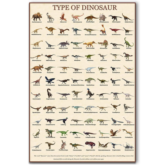 BASYEEO Type of Dinosaur Poster, Prehistoric Animals Wall Art Collection, Educational Dinosaur Print for Boys Girls Bedroom Canvas Decor for Kids Room Nursery Playroom Classroom Unframed 16 * 24inch