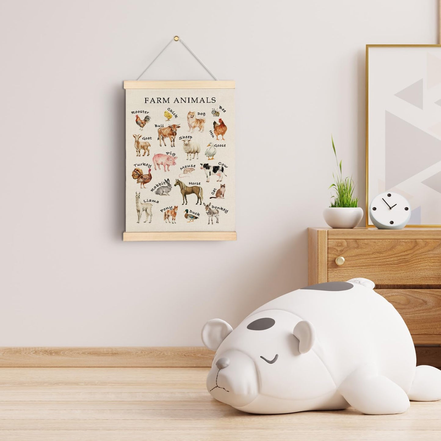 Qvapt Farm Animal Alphabet Wall Art Poster Hanger Frame, ABC Educational Farmhouse Animals Wall Art With Wooden Poster Hanger for Kids Room Nursery Playroom Classroom Decorations, 12x16 Inch