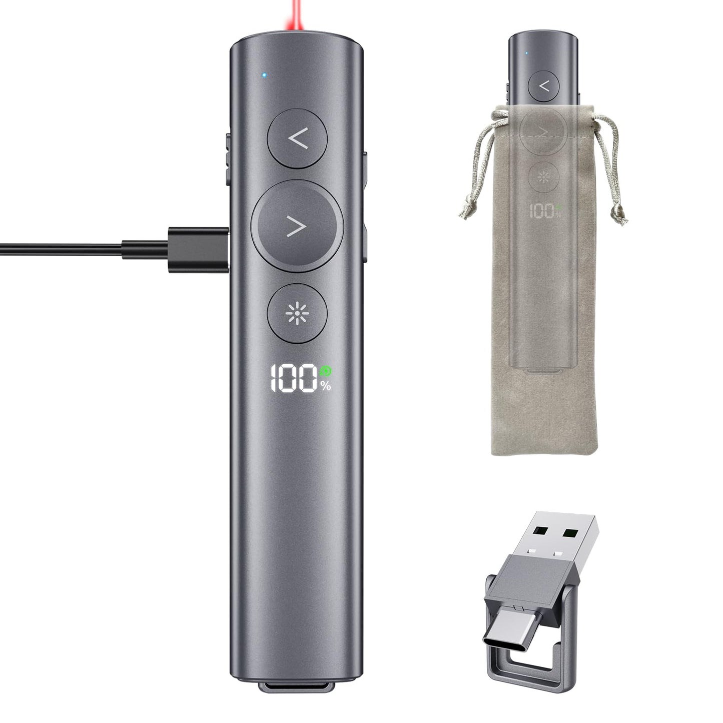Rechargeable Presentation Clicker with Red Laser Pointer for PowerPoint, Power Display Wireless Presenter Remote with USB-A & USB-C Dongle, Slide Advancer for Mac, Windows, Laptop, Classroom, Office