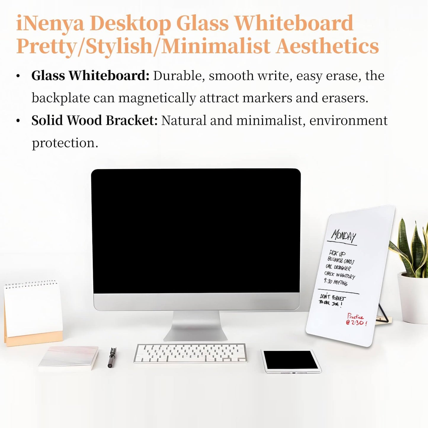 iNenya Glass White Board with Stand,Magnetic Mini Dry Erase Board for Desk,Small Desktop Whiteboard with Solid Wood Bracket