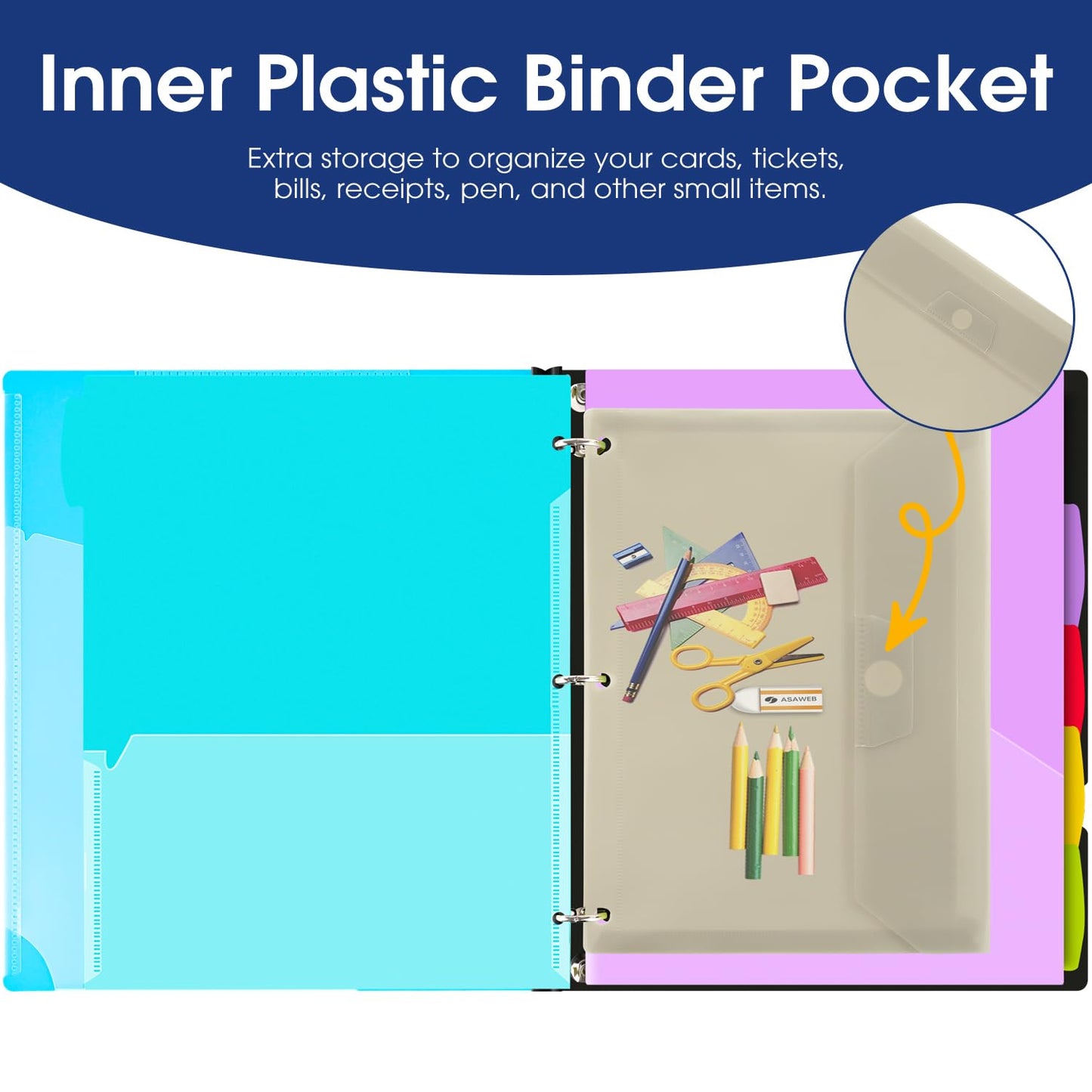 INFUN 1 Inch Telescoping Project Organizer Binder-2PCS,13 Pocket, Customizable Front Cover, 5 Colors Pocket Divider and Plastic Binder Pocket，225 Sheet Capacity-Blue