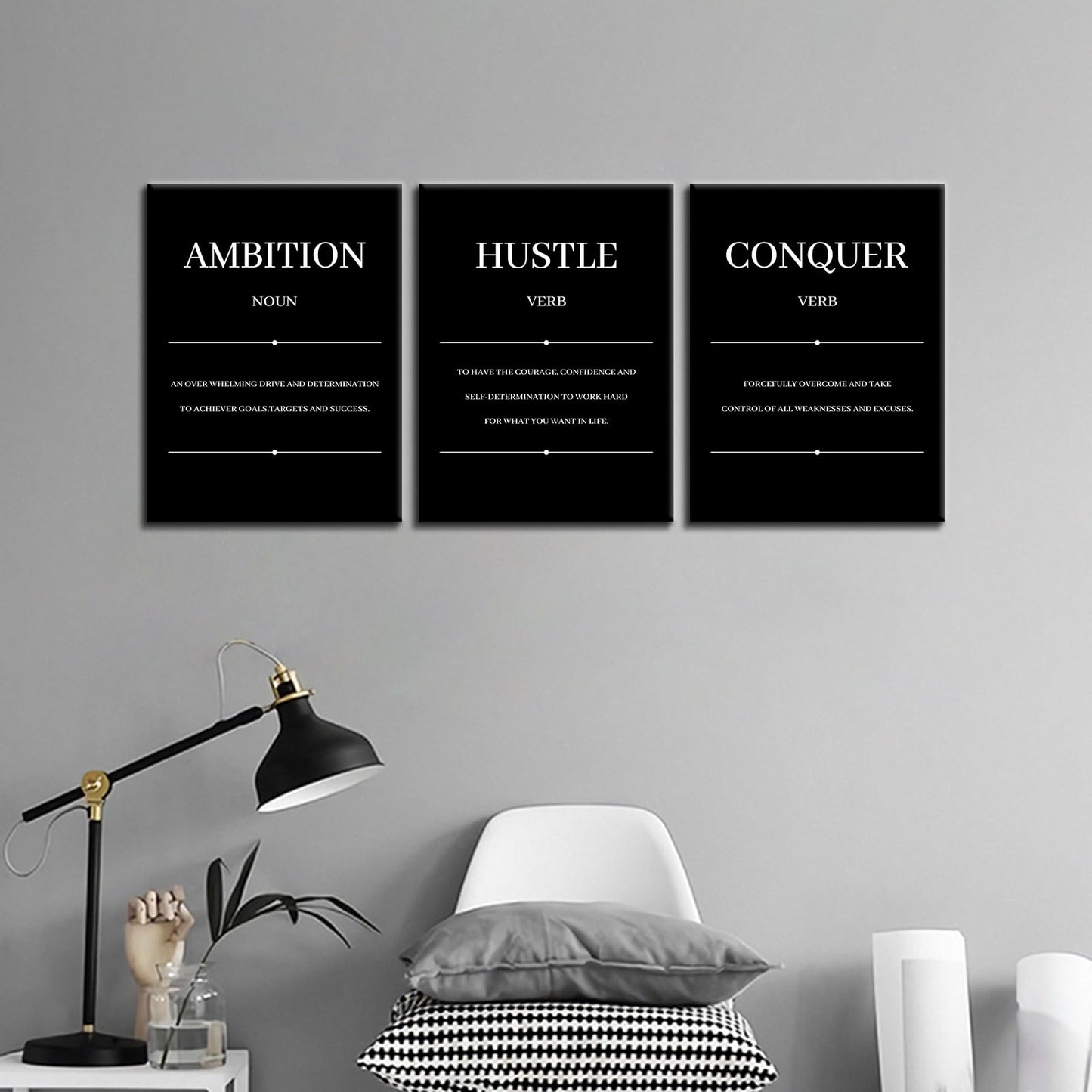 Ambition Hustle Conquer Motivational Canvas Wall Art Inspirational Entrepreneur Quotes Posters Prints Work for Modern Bedroom Office Gym Wall Decoration Ready to Hang [36''W x 16''H]