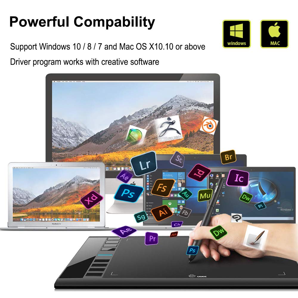 Drawing Tablet, UGEE M708 10 x 6 inch Large Drawing Tablet with 8 Hot Keys, Passive Stylus of 16384 Levels Pressure, Digital Graphics Art Tablet for PC Paint, Design, Art Creation Sketch