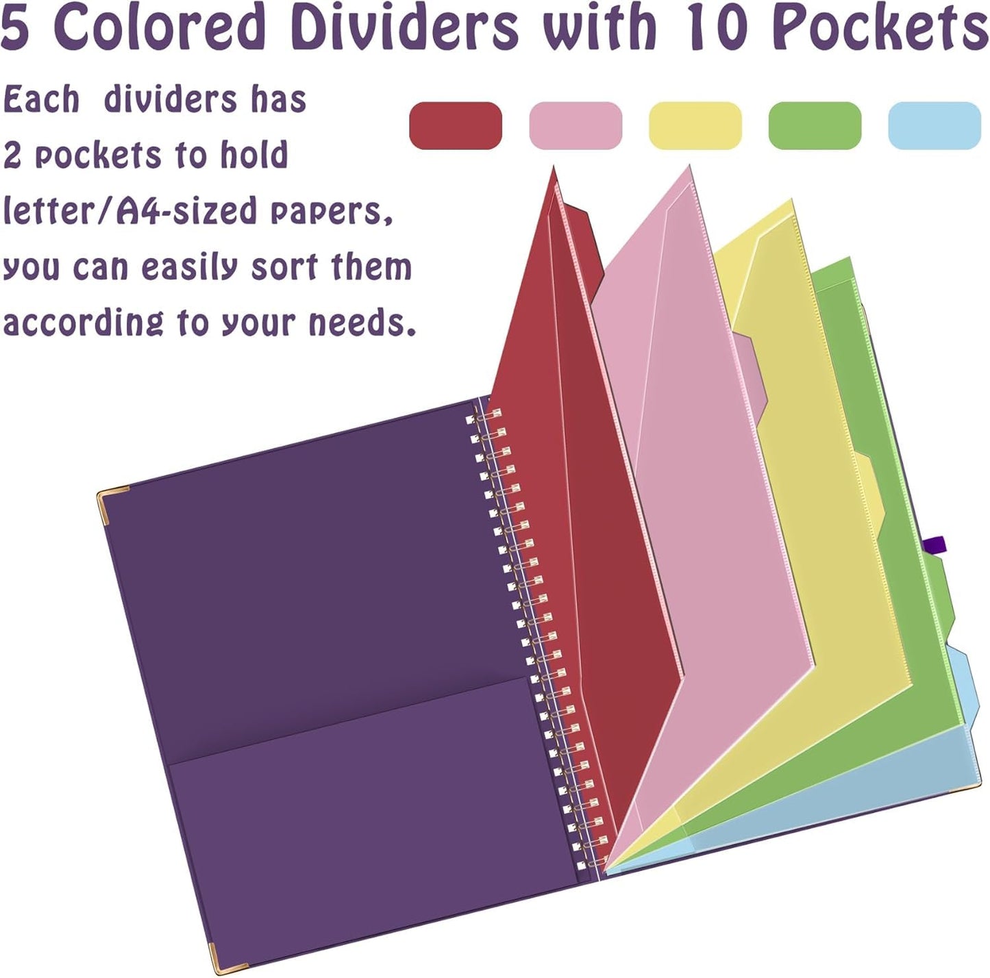 HAUTOCO Clipboard Folio with Refillable Lined Notepad for Letter Size (11" x 8.5"), 5 Dividers with 10 Pockets, Elastic Pen Holder and File Folder Labels, Spiral Nurse Clipboard Artboard(Dark Purple)