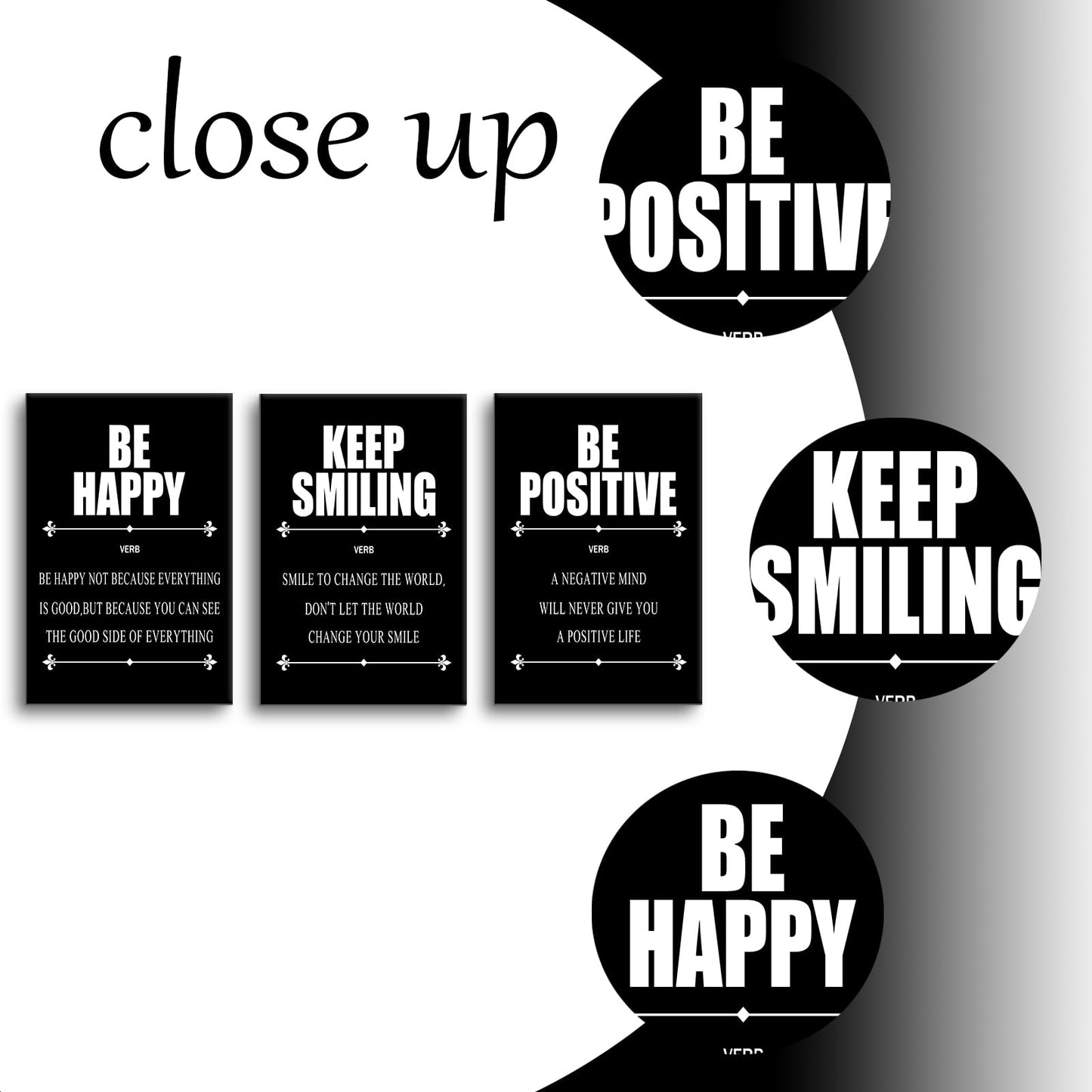 YSPCSUN Triptych Wall Decor Inspirational Posters for Office, Black White Be Happy Positive Quote 3 Panel Canvas Prints for Home Office Dorm Classroom, 48x24 Inch Display