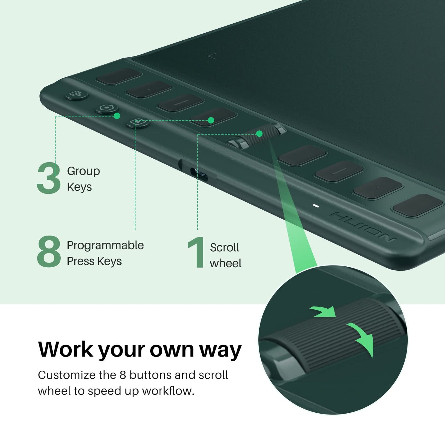 HUION Inspiroy 2 Medium Drawing Tablet with Scroll Wheel 8 Customized Keys Battery-Free Stylus for Digital Art, Design, Sketch, 9x5inch Graphics Tablet Works with Mac, PC & Mobile, Green