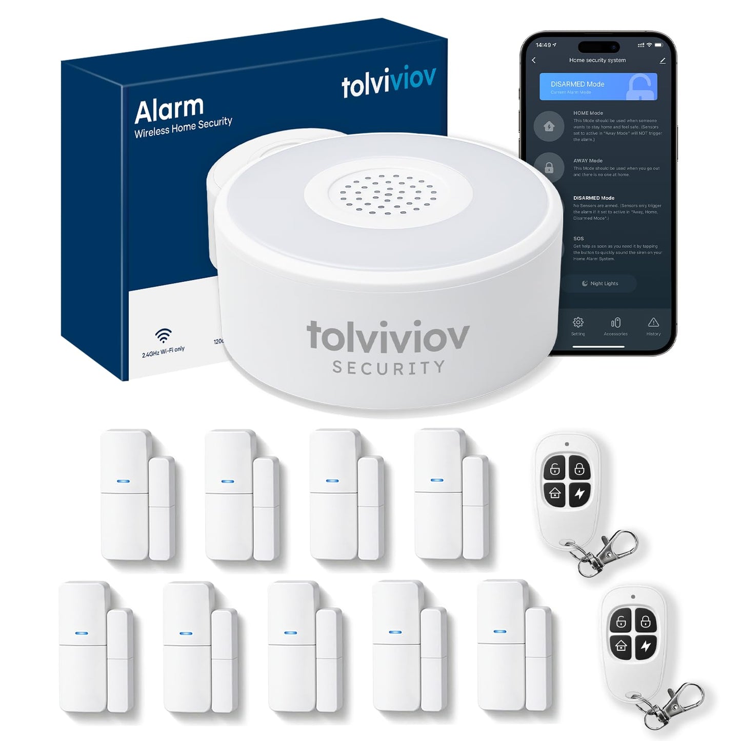 tolviviov Home Alarm System(2nd Gen), 12 Pieces Smart Home Alarm Security System DIY No Monthly Fee, Phone Alert, Alarm Siren, Door/Window Sensors, Remotes, Work with Alexa, for House Apartment Office