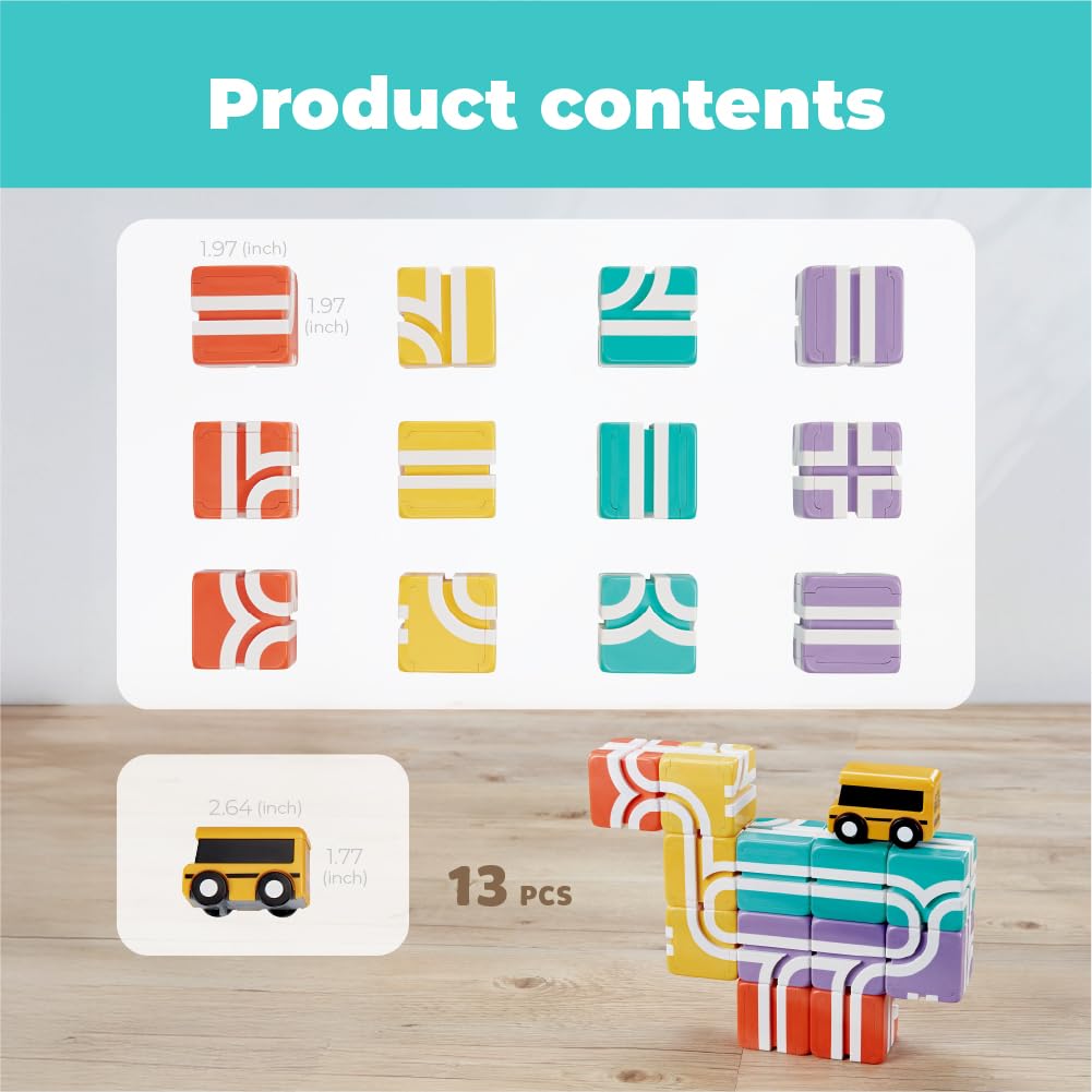 QBI Magnetic Blocks for Toddlers 1-3｜School Bus Toy Set with 12 Pastel Track Cubes｜STEM Montessori Educational Toys for 1 Year Old Boys & Girls｜Safe Large Building Bricks (13 Pieces Starter Pack)