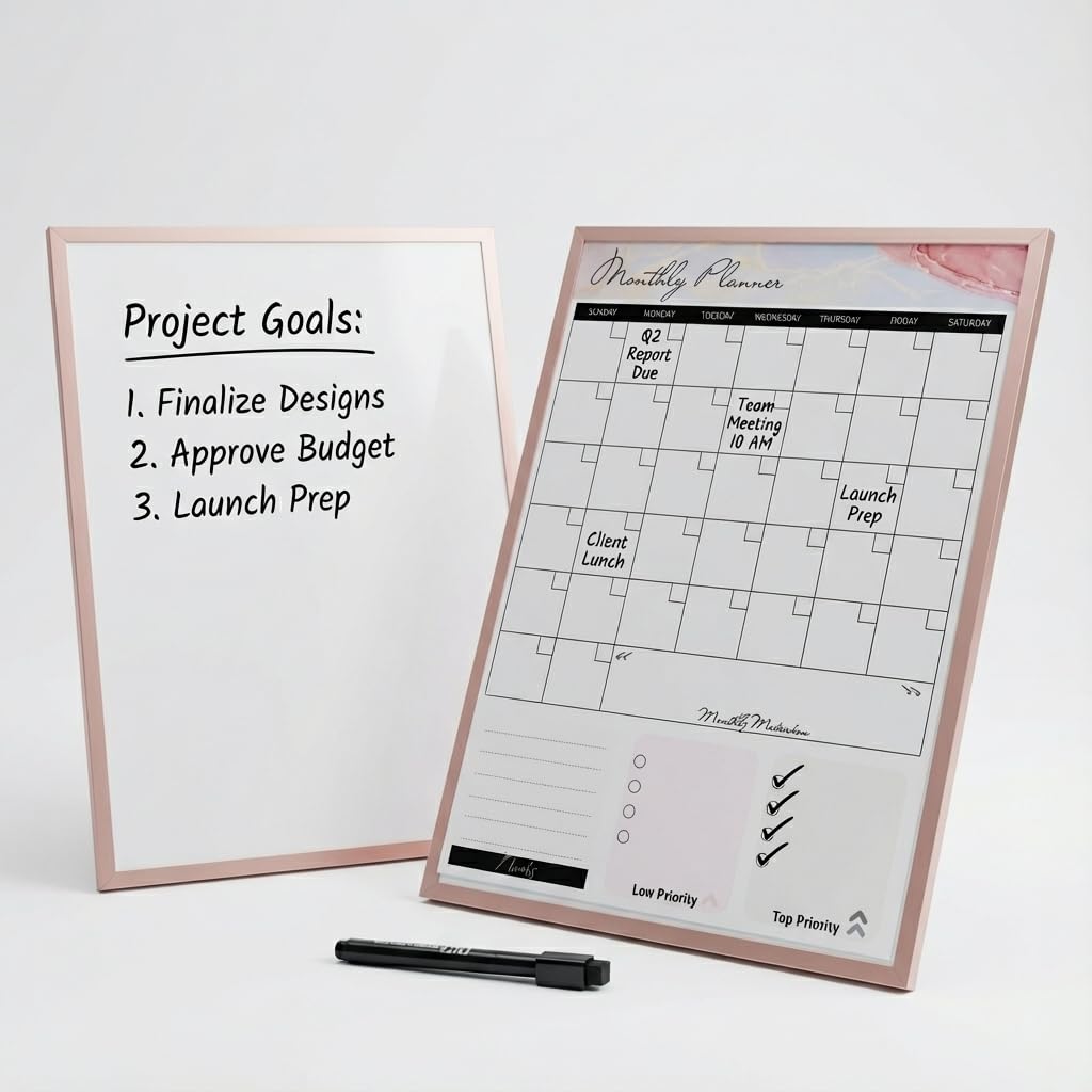 Lulu Office Magnetic Dry Erase Board 12x16 with Foldable Stand, Portable Rose Gold Desktop Whiteboard for Home, Office, School & Kitchen, Includes Weekly & Monthly Magnetic Planner Sheets