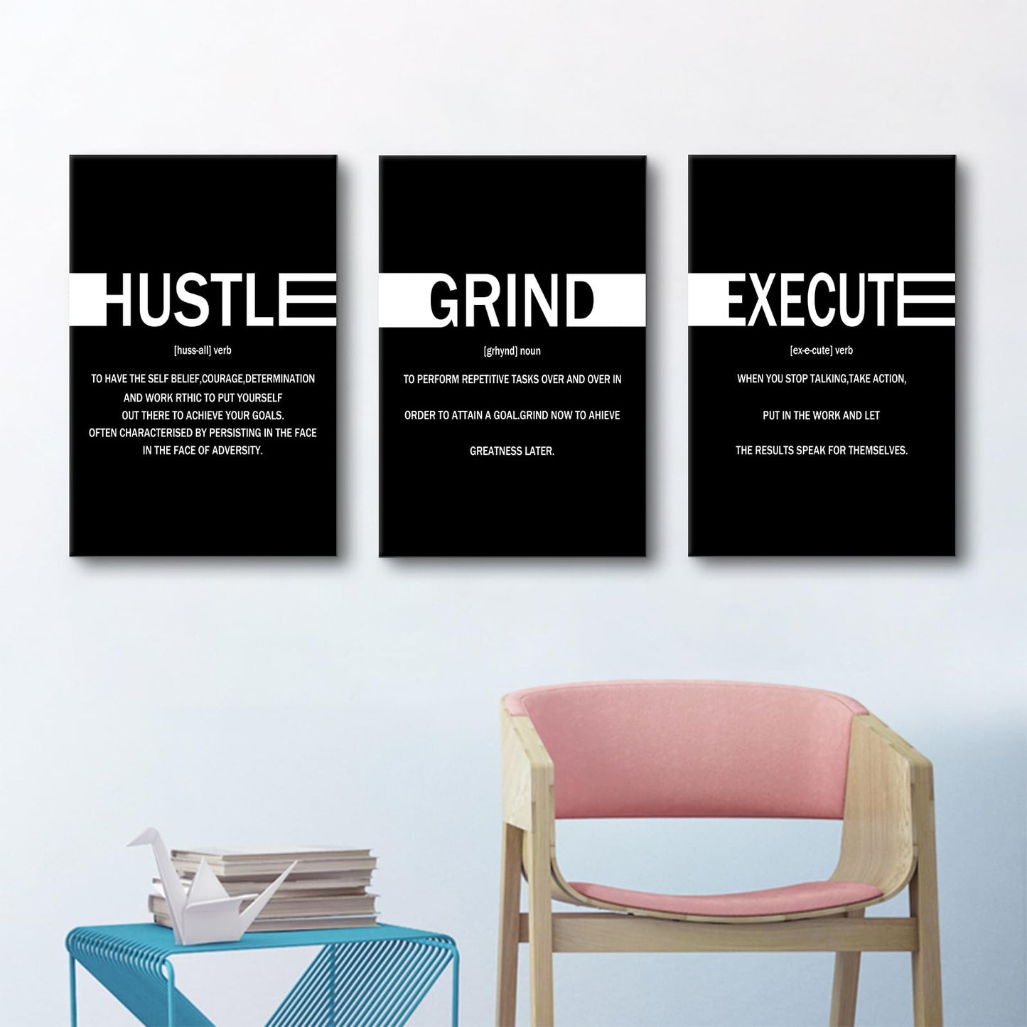 YSPCSUN Triptych Wall Decor Inspirational Posters for Office, Black White Hustle Grind Execute Quote 3 Panel Canvas Prints for Home Office Dorm Gym, 48x24 Inch Display Print