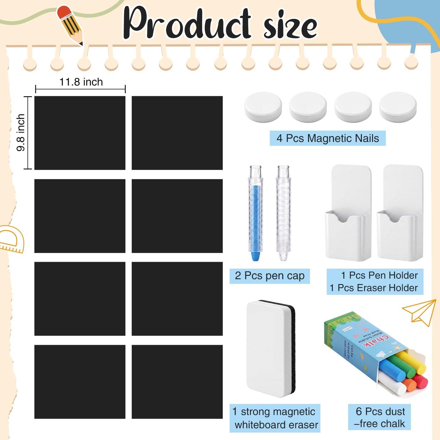 Poola Voidra 40" x 24" Magnetic Wall Decal, 8 Pcs Peel and Stick Magnetic Contact Paper with Chalk Eraser and Magnet Storage Boxes, Drawing Modular Board for Playroom Classroom Home(Black)