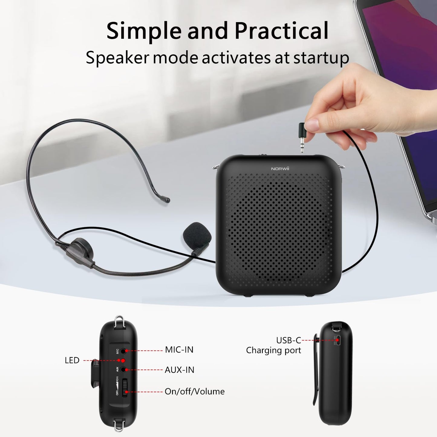 Norwii Bluetooth Voice Amplifier, Power Amplifiers, Portable Mini Wired Microphone Headset for Teacher Classroom & Outdoor Lectures, Teaching, Tour Guides, USB-C Rechargeable - 2000mAh, Black