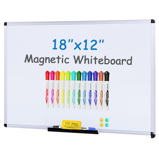 VIZ-PRO Magnetic Whiteboard/Dry Erase Board, 18 X 12 Inches, with 1 Eraser & 4 Magnets & 14 Markers