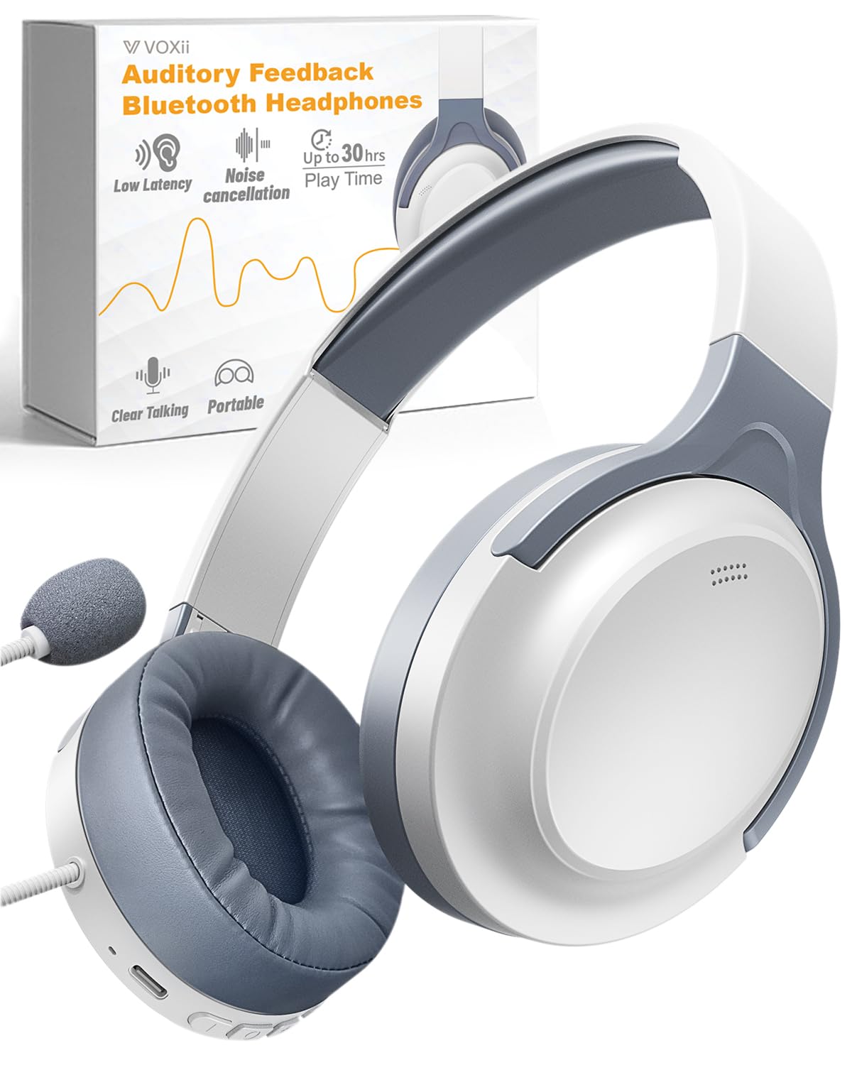 VOXii Auditory Feedback Wireless Headphones - Brain Training Bluetooth Headphones, Enhanced Speech, Language, Memory and Attention, for You and Your Children, Help with Autism ADHD (White)