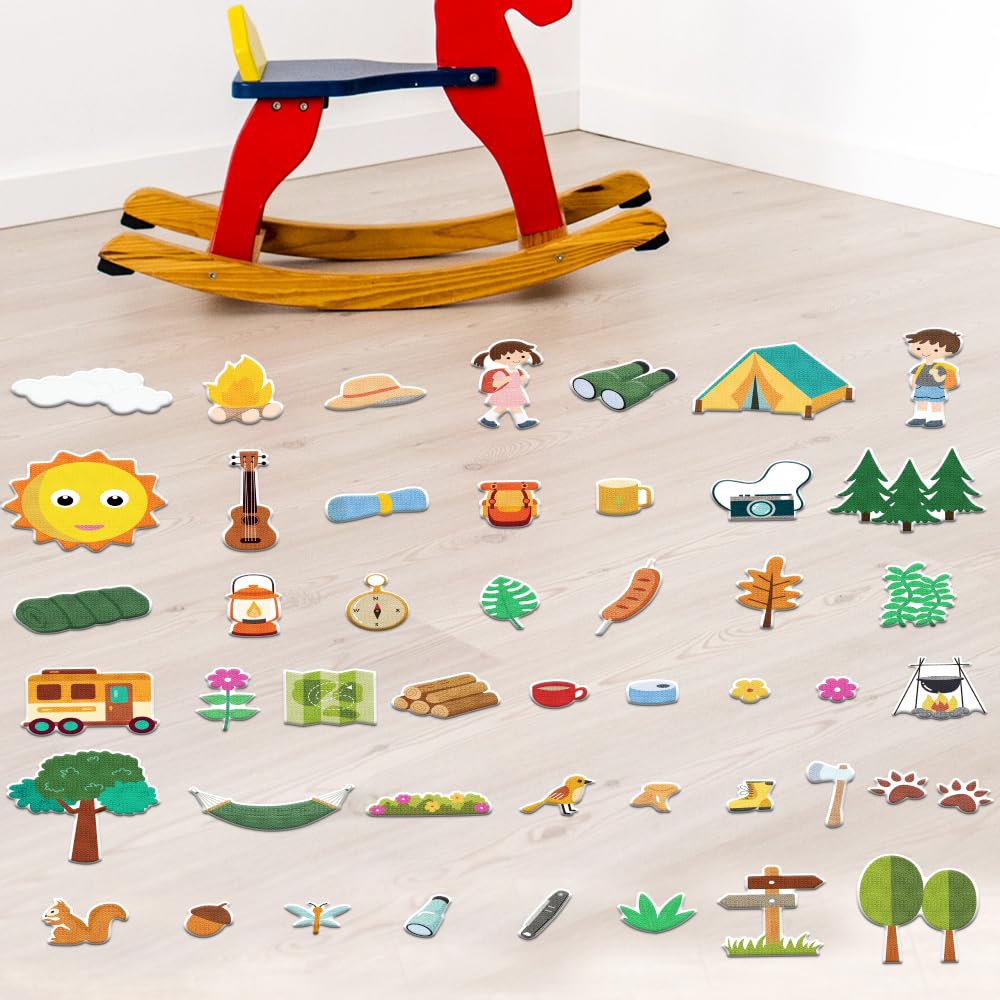 BEUNITONE 48 Pcs Camping Theme Felt Story Board Set, Outdoor Adventure Flannel Fuzzy Felt Play Kits Portable Travel Play Kit for Friends DIY Crafts Learning & Family Activity
