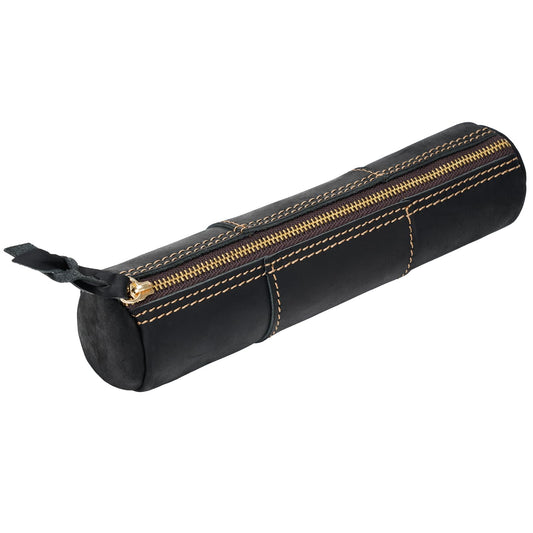 ECHSRT Genuine Leather Pencil Case, Full-Grain Cowhide Leather Pouch, Small Pencil Pouch for Men, Vintage Pen Bag for Adults, Stationery Organizer Case for Work & Travel-Cylinder-Black