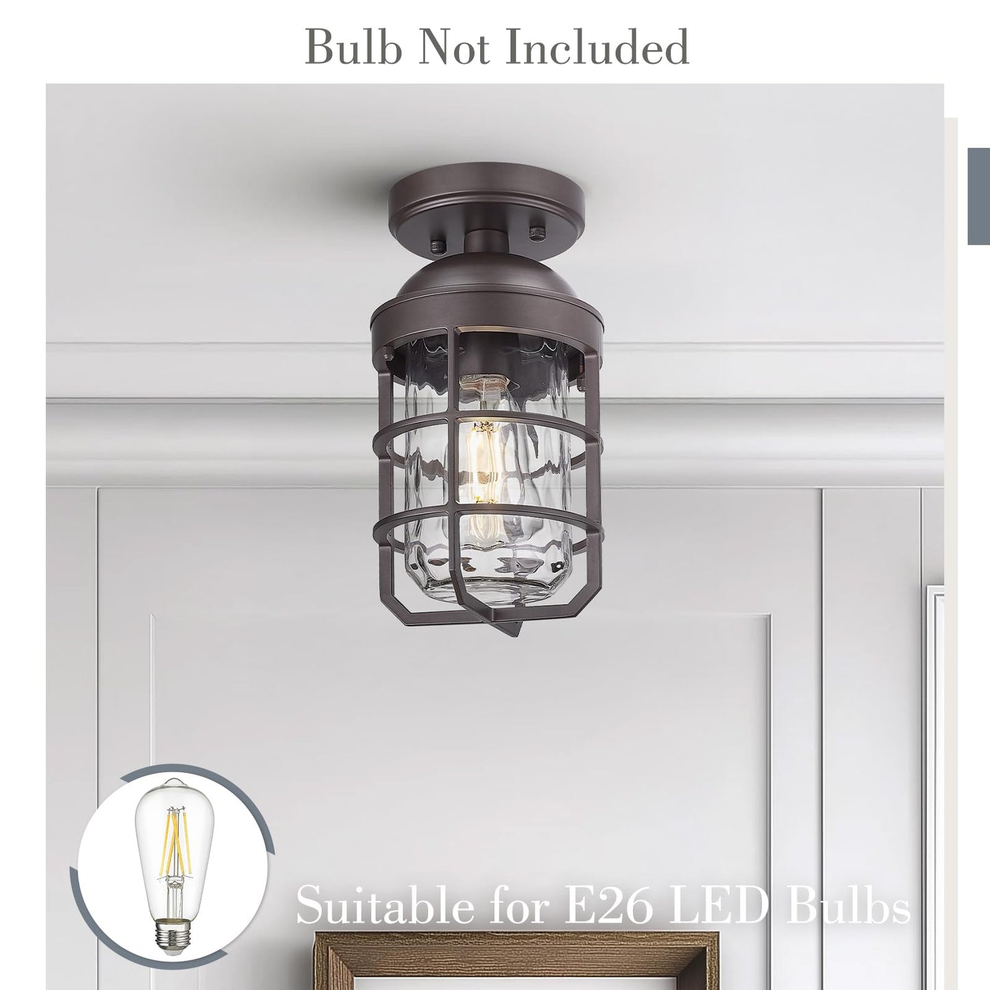 Emliviar Oil Rubbed Bronze Ceiling Light Fixture, Retro 11.1in Semi Flush with Water Ripple Glass Shade, Model GE255LF ORB-WG