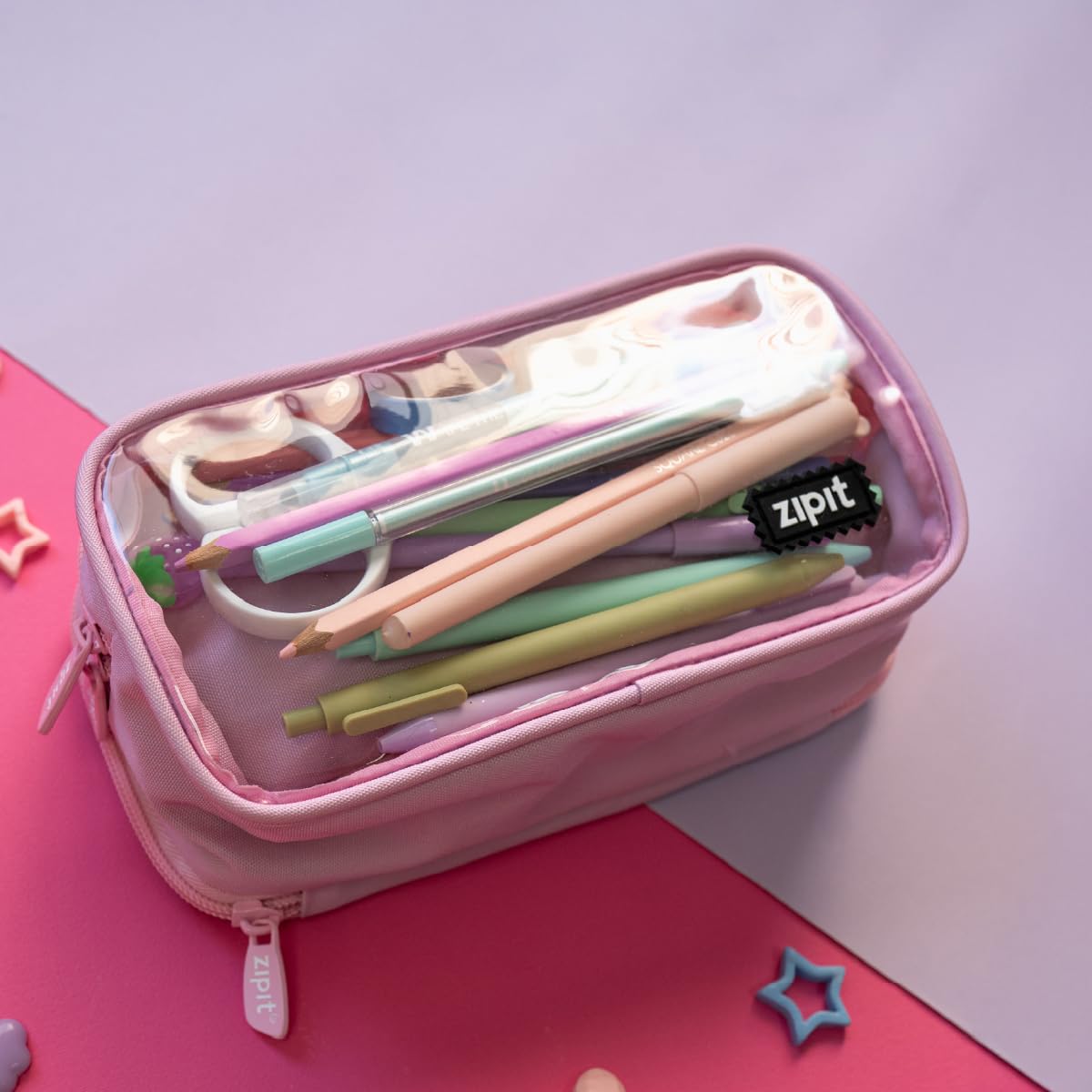 ZIPIT Half & Half Pencil Case for Girls, Aesthetic 3 Compartment Zipper Pouch for School, Stationery Bag for Teen and Adults, Pink