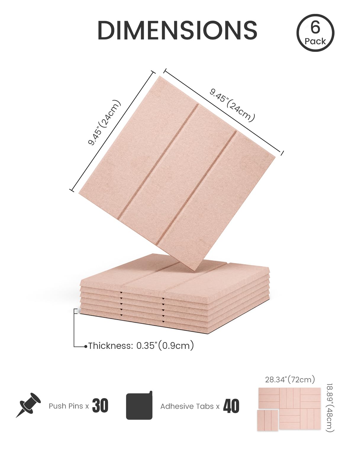 Felt Bulletin Board Tiles -28"x18" with 40 Adhesive Tabs, Cork Board Alternative for Office Decor, Push Pin Board Wall Organizer 6-Pack(Pink)