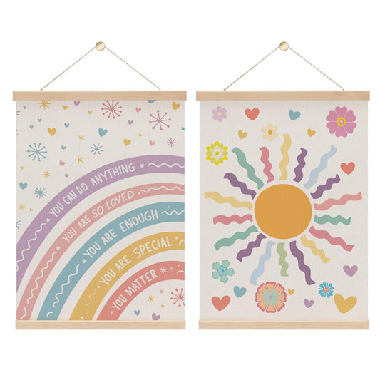 2PCS Nursery Girls Kids Room Poster Hanger, Boho Rainbow Flag Banner Nursery Wall Art Hanging Banner With Wooden Frames for Classroom Girls Playroom Bedroom Toddler Room Decor 15.8x11.8 Inch