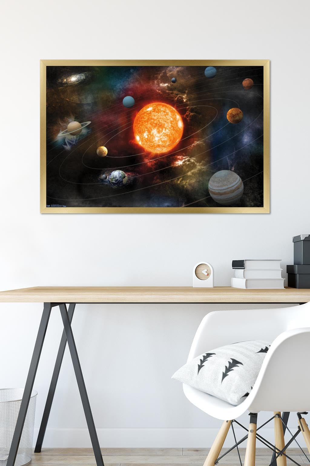 Orbiting Solar System Wall Poster, 34L" x 22.4W", Gold Framed Version