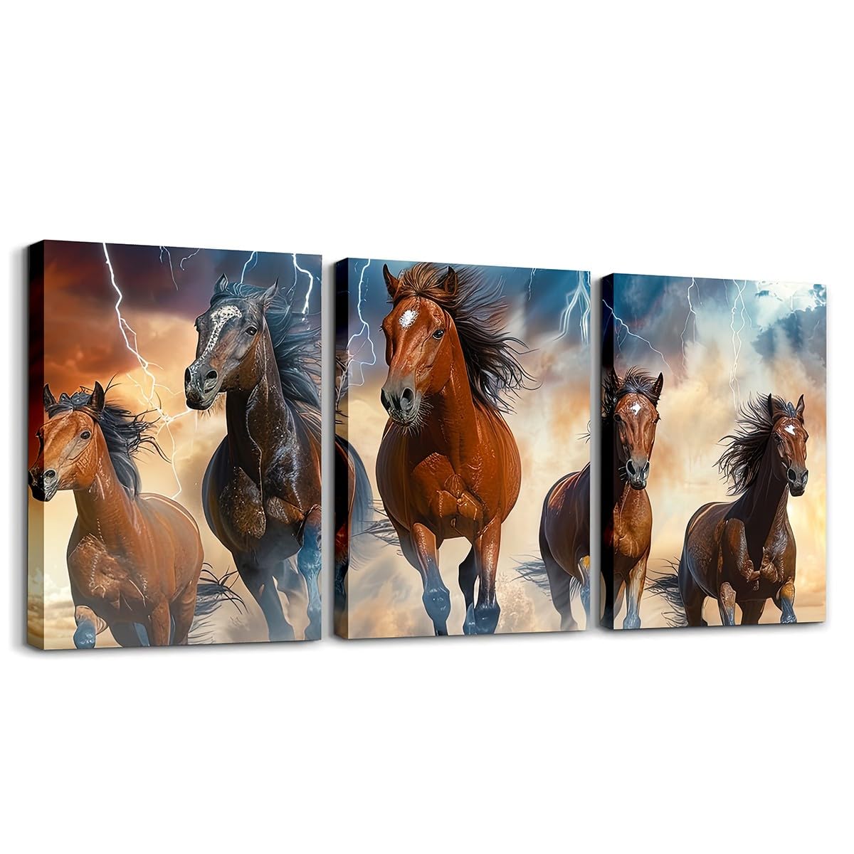 Boho Horse Canvas Wall Art Set of 3 for Living Room Bedroom, Blue Lightning Paintings Wall Decor 3D Bohemian Exotic Black Brown Wild Animal Horse Wall Art Western Farmstyle Poster Prints