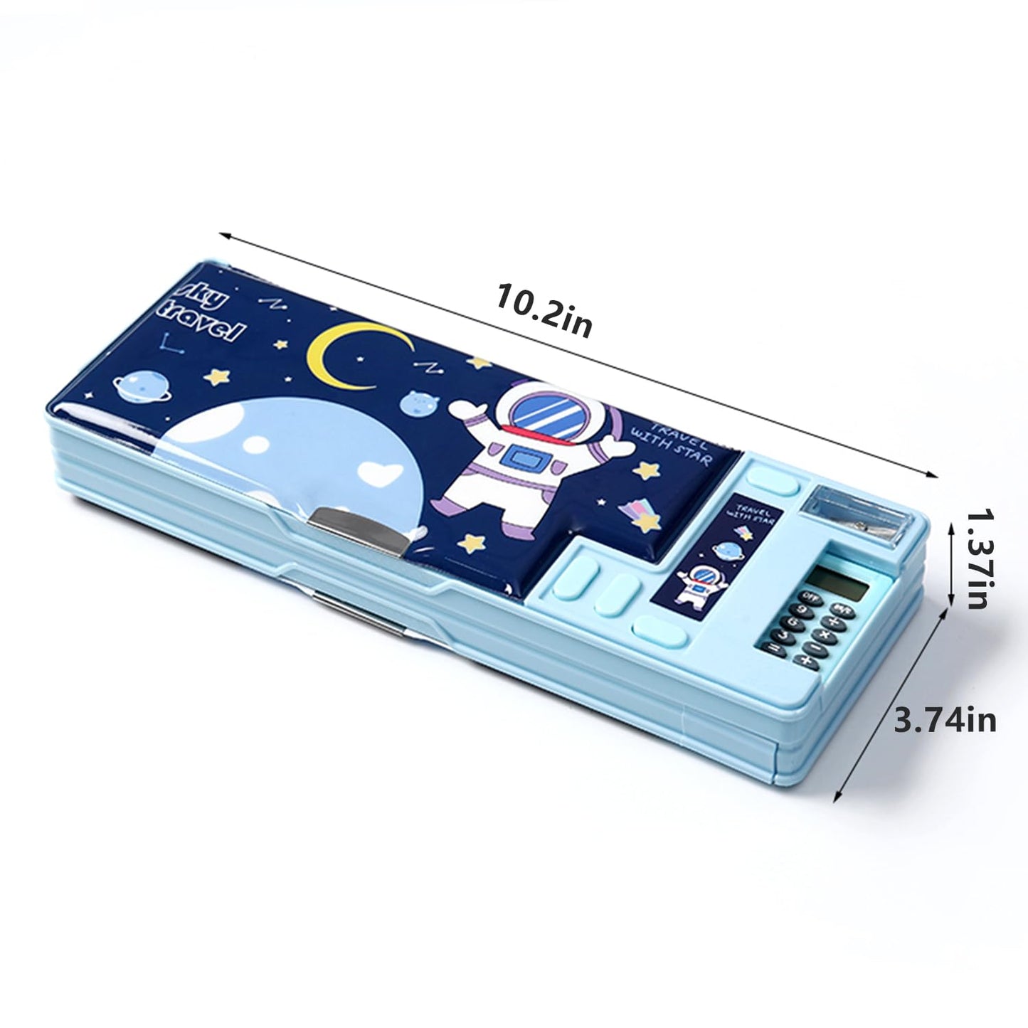 LilyBeauty Multifunction Pencil Case with Calculator, Pencil Sharpener and Curriculum, Multiple Cute Patterns, Suitable for Elementary School Girls, Boys, Great Gifts for Kids (Light Blue)