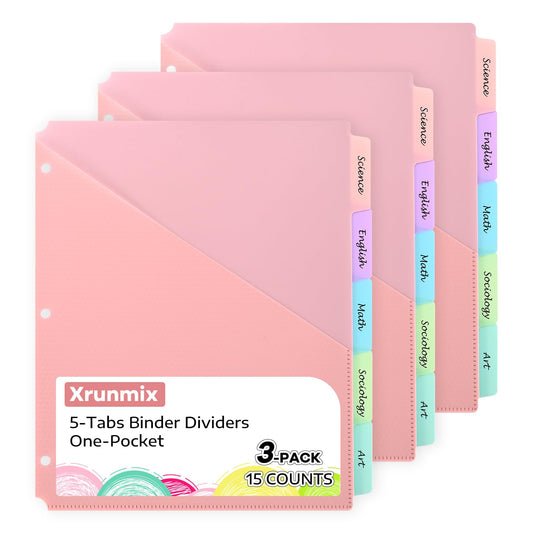 5 Tabs Dividers with Pockets for 3 Ring Binder, 15 Counts Binder Dividers for US Letter Size, Binder Dividers with Tabs for School Office and Home Organization, 5 Pastel Color (3)