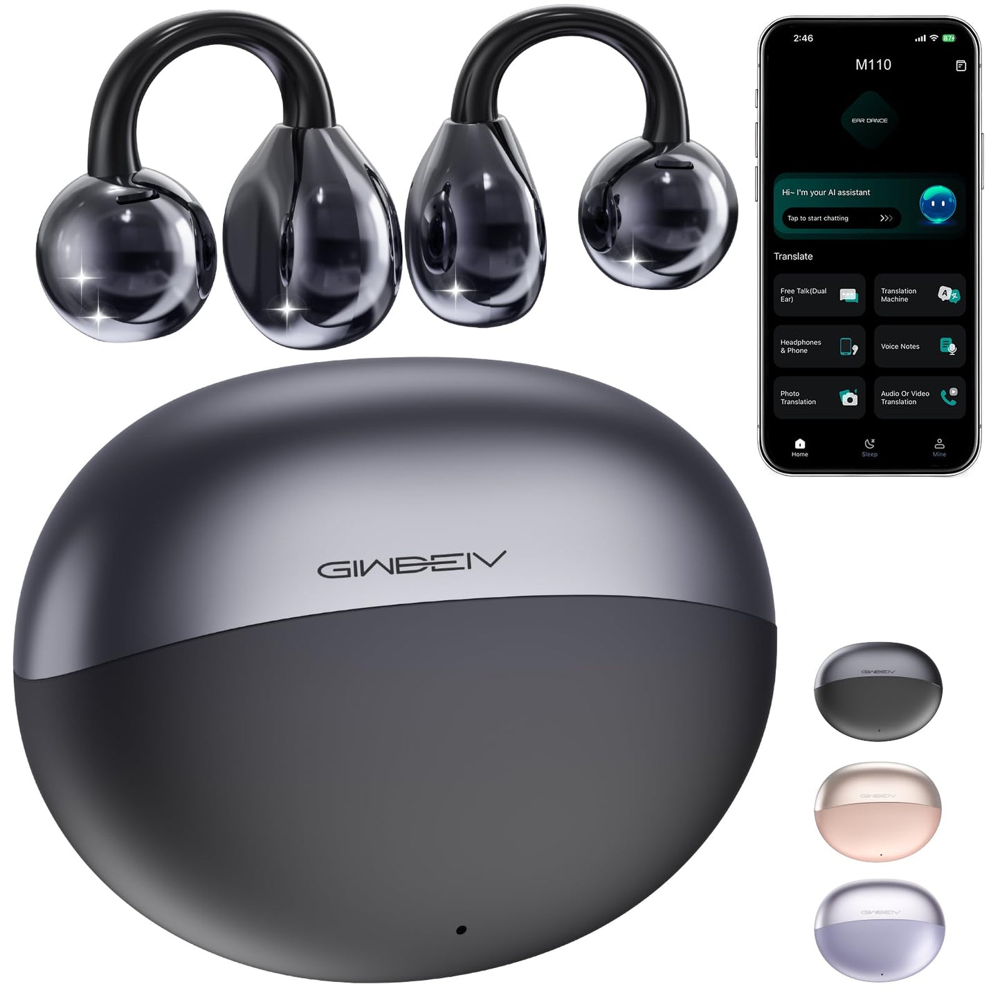 AI Translation Earbuds Real Time, 164 Language Translator Earbuds, 3-in-1 Wireless Clip on Earbuds, Bluetooth 5.4 Headphones, Translating Device for Travel Business Learning (Black)