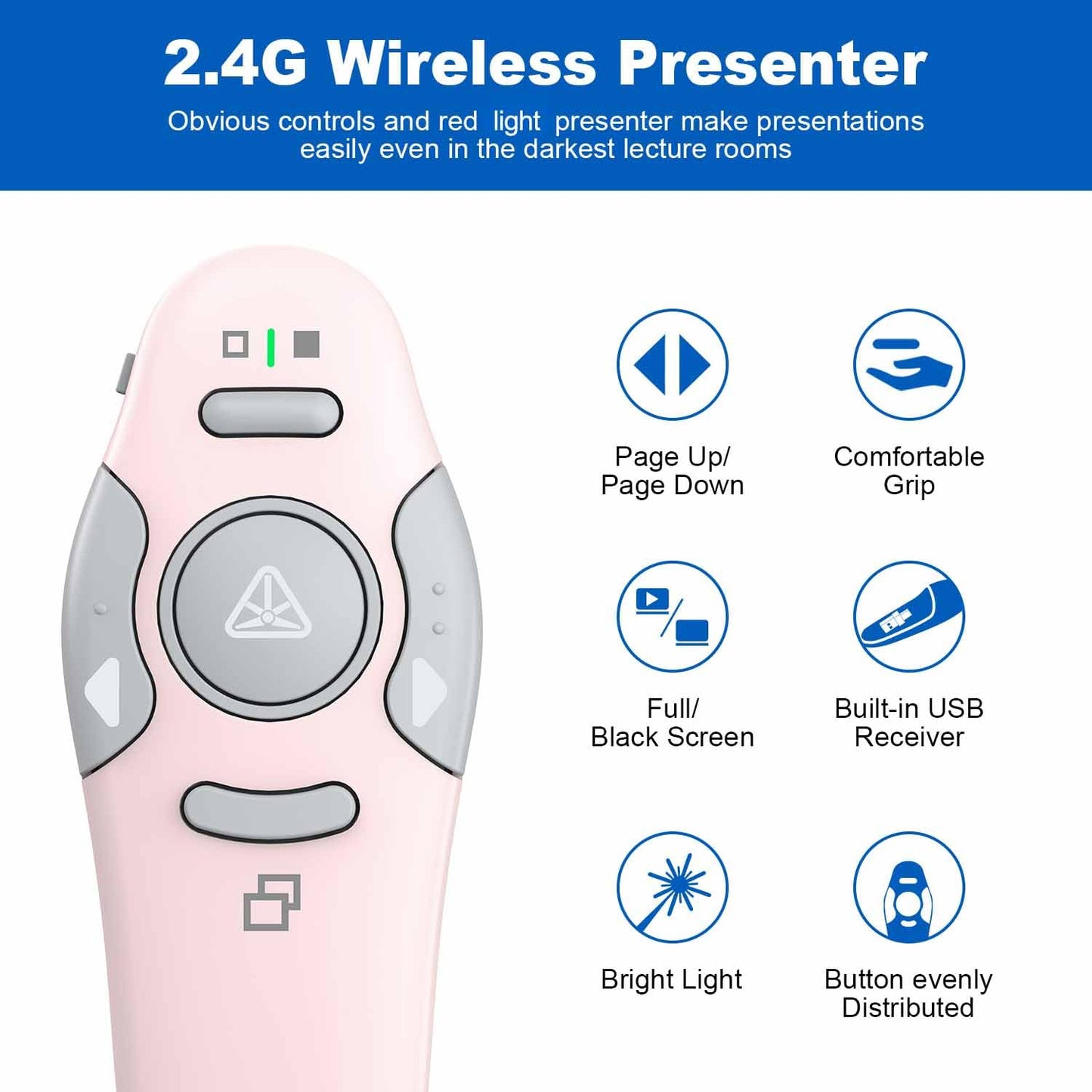 QUI 2 Pack Wireless Presenter PowerPoint Clicker, RF 2.4GHz USB Presentation Clicker for Google Slides, Keynote, Mac, Windows (USB, Pink)