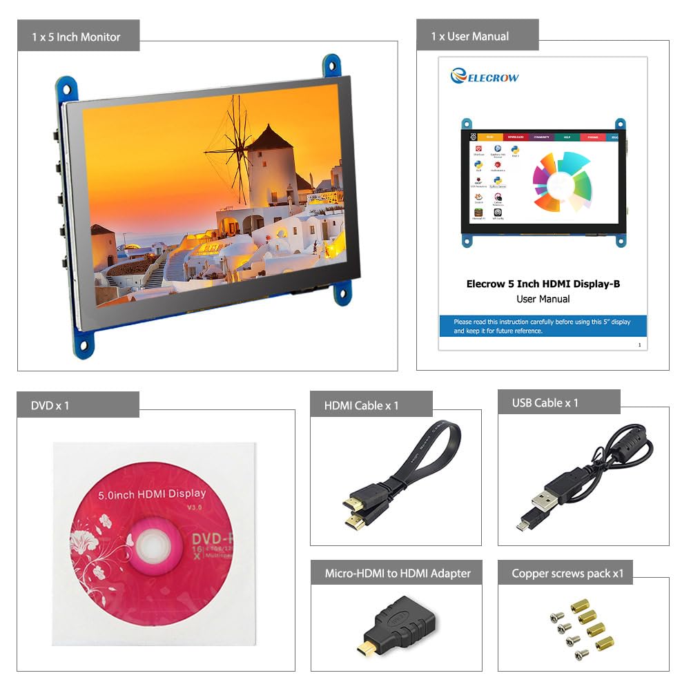 ELECROW 5 Inch Touch Screen Monitor for Raspberry Pi - 800×480 Mini Monitor Touchscreen LCD Display Compatible with Raspberry Pi 5/4/3B+/3B, BB Black, Banana Pi, Jetson Nano, Windows, PC