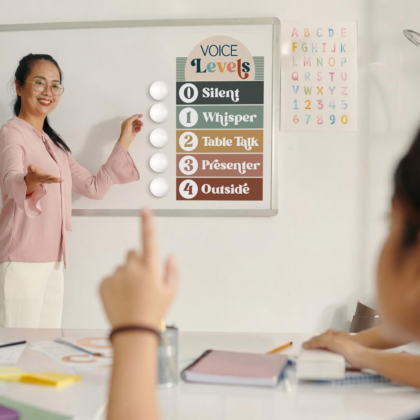 Glooglitter 5 Pcs School Magnetic Voice Level Chart Poster and Push Light Boho Classroom Decor LED Tap Light Chart Noise Voice Level Rules Sign for Classroom Teachers Back to School Supplies