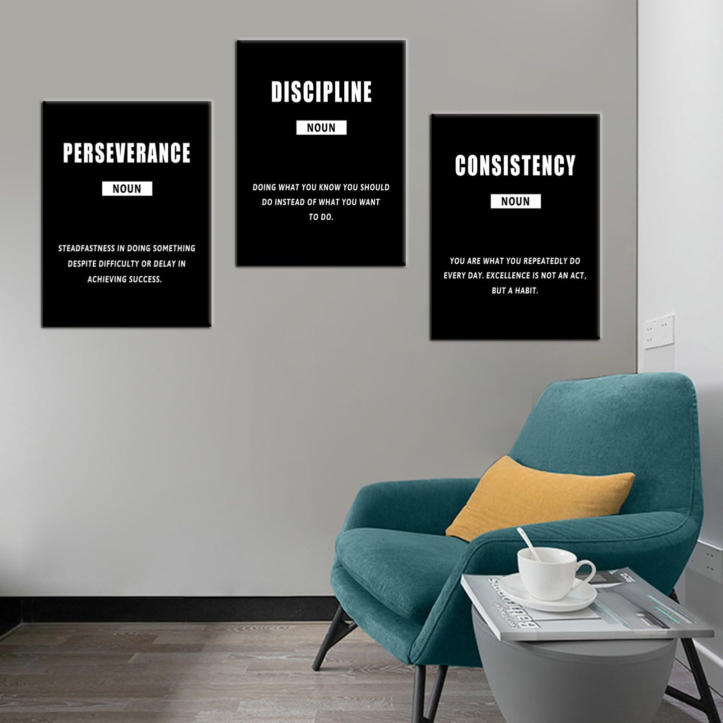 PSYYSP 3 Piece Canvas Wall Art Perseverance Discipline Consistency Posters, Black White Motivational Triptych Wall Decor for Office, Bedroom, Dorm, Framed Canvas 36x16inch