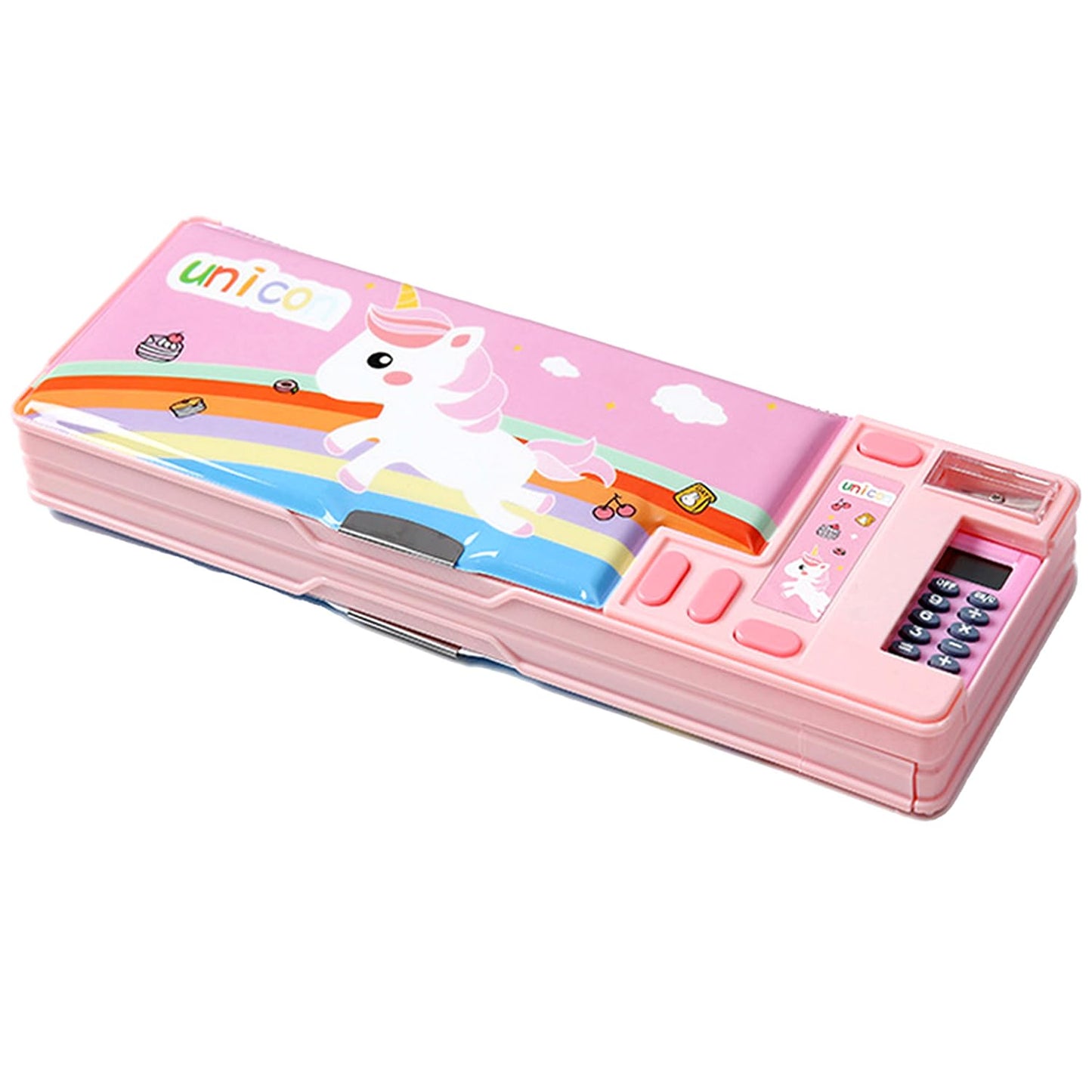 LilyBeauty Multifunction Pencil Case with Calculator, Pencil Sharpener and Curriculum, Multiple Cute Patterns, Suitable for Elementary School Girls, Boys, Great Gifts for Kids (Pink)