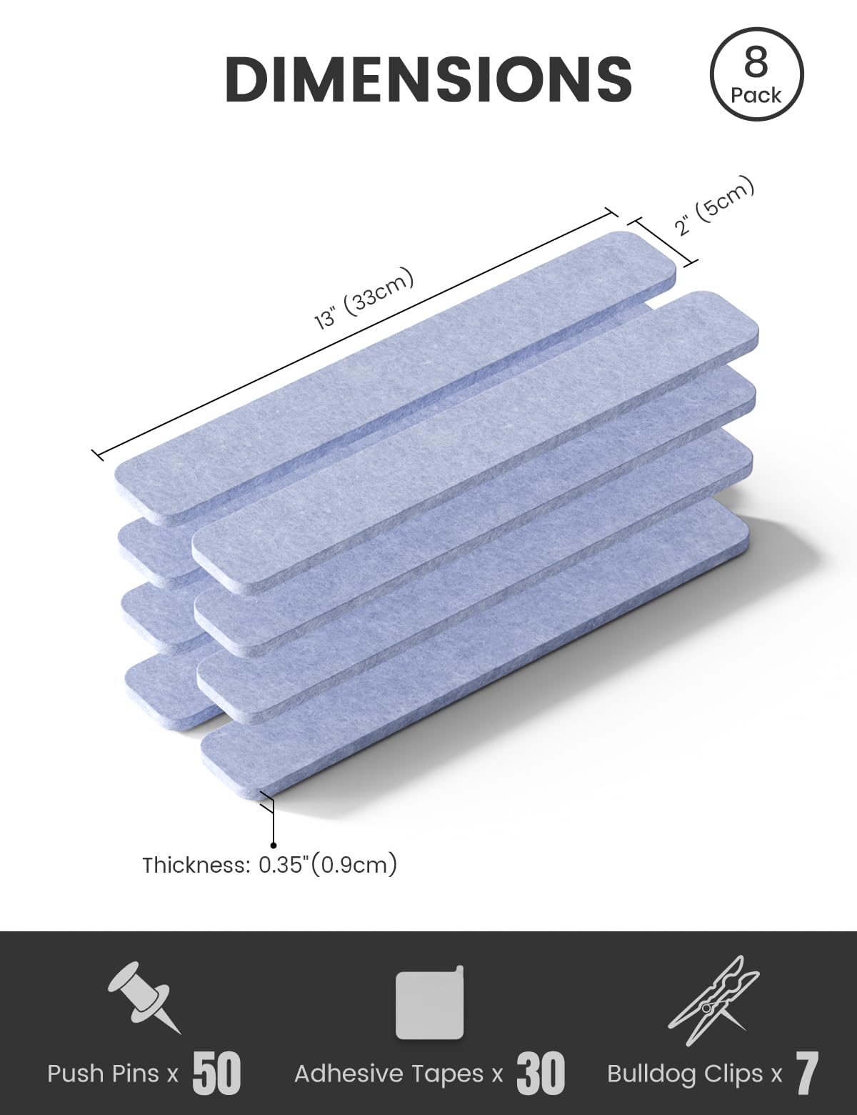Fluxynara Cork Board Alternative Felt Strip Board 8-Pack 13"x2", Office Pin Board with 50 Push Pins, Adhesive Install for Bedroom Door & Home Office (Soft Periwinkle)