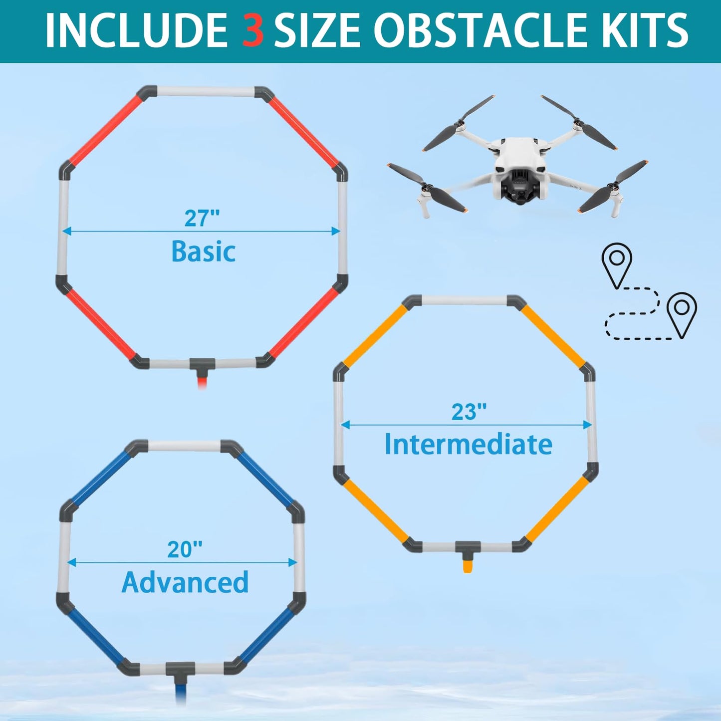 Drone Obstacle Course Kit with Drone Landing Pad, 3-Different Hoop Sizes for FPV RC Racing Game Loop Gates, Easy to Build & Carry Competition Set with Separate Storage Bag,for Kids & Adults