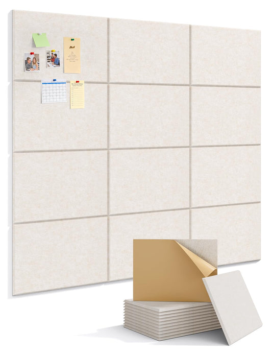 Kuchoow Large Felt Bulletin Cork Board Self-Adhesive Beige Pin Wall Tiles, 48'' x 36'' Rectangular Vision Tack Panels for Classroom Office Display 12 Pack Corkboard for Kitchen Bedroom Home Decor
