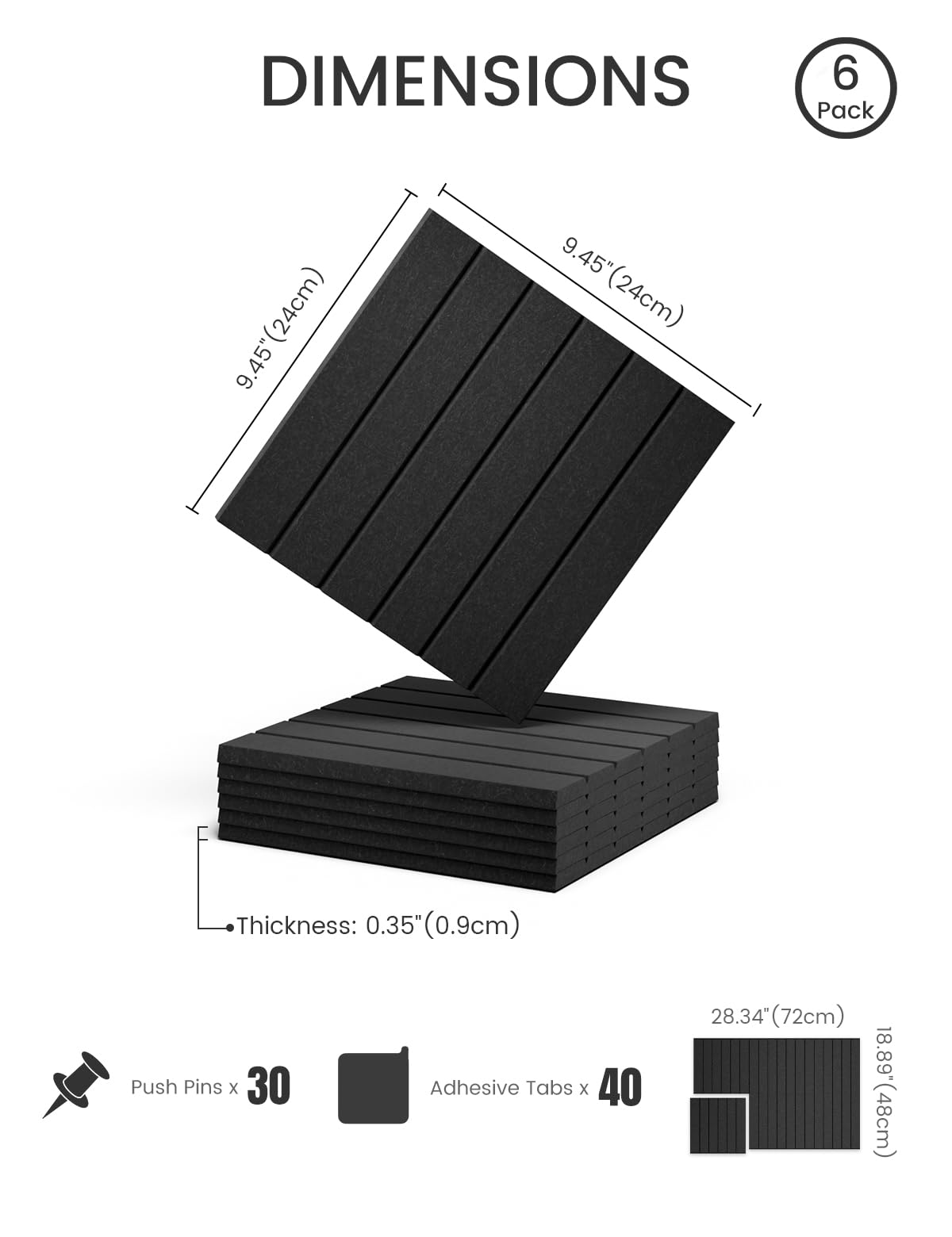 Felt Bulletin Board Tiles -28"x18" with 40 Adhesive Tabs, Cork Board Alternative for Office Decor, Push Pin Board Wall Organizer 6-Pack (Black)